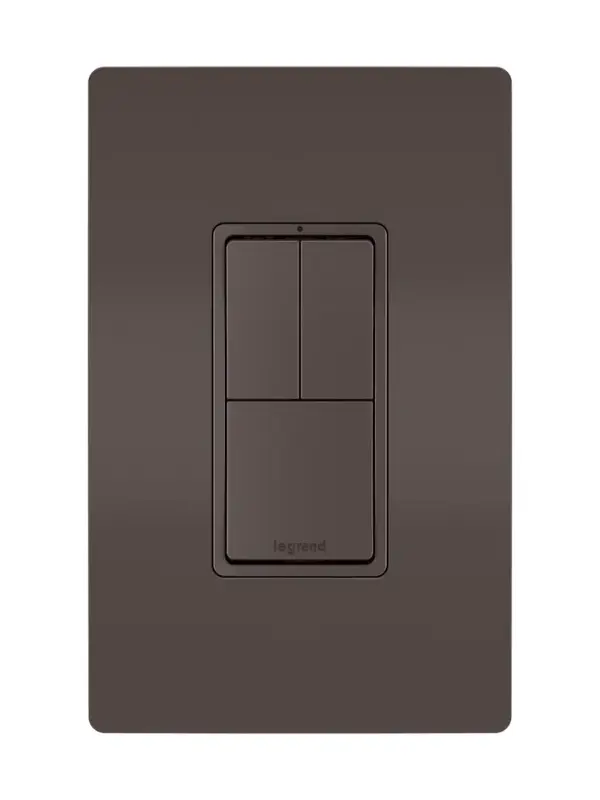 More control, less space. This combination switch provides control of multiple lights or devices from a single location, while featuring an oversized primary switch for easy use. Designed to emulate the sleek lines of the collection's paddle switches, it delivers flexible, space-saving control with the sophisticated look of radiant.Made exclusively for use with screwless Wall Plates from the radiant Collection, sold separately. Collection: radiant Finish: Brown Width: 1.29" Height: 3.81" Length: 1.59" Weight: 0.20 lb Country of Origin: China