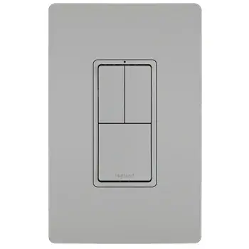 More control, less space. This combination switch provides control of multiple lights or devices from a single location, while featuring an oversized primary switch for easy use. Designed to emulate the sleek lines of the collection's paddle switches, it delivers flexible, space-saving control with the sophisticated look of radiant.Made exclusively for use with screwless Wall Plates from the radiant Collection, sold separately. Collection: radiant Finish: Gray Width: 1.29" Height: 3.81" Length: 1.59" Weight: 0.20 lb Country of Origin: China