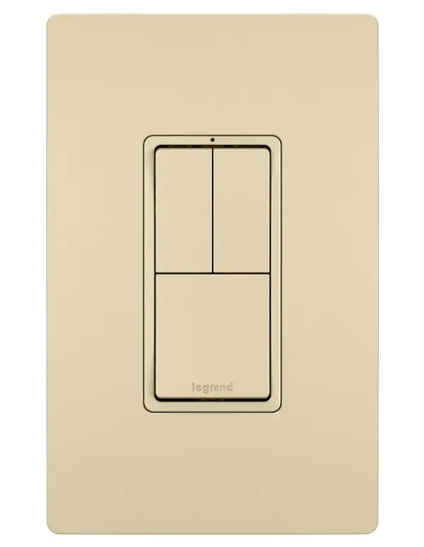 More control, less space. This combination switch provides control of multiple lights or devices from a single location, while featuring an oversized primary switch for easy use. Designed to emulate the sleek lines of the collection's paddle switches, it delivers flexible, space-saving control with the sophisticated look of radiant.Made exclusively for use with screwless Wall Plates from the radiant Collection, sold separately. Collection: radiant Finish: Ivory Width: 1.29" Height: 3.81" Length: 1.59" Weight: 0.20 lb Country of Origin: China