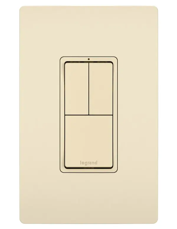 More control, less space. This combination switch provides control of multiple lights or devices from a single location, while featuring an oversized primary switch for easy use. Designed to emulate the sleek lines of the collection's paddle switches, it delivers flexible, space-saving control with the sophisticated look of radiant.Made exclusively for use with screwless Wall Plates from the radiant Collection, sold separately. Collection: radiant Finish: Light Almond Width: 1.29" Height: 3.81" Length: 1.59" Weight: 0.20 lb Country of Origin: China