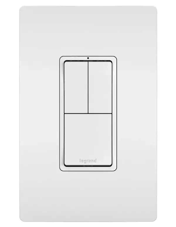 More control, less space. This combination switch provides control of multiple lights or devices from a single location, while featuring an oversized primary switch for easy use. Designed to emulate the sleek lines of the collection's paddle switches, it delivers flexible, space-saving control with the sophisticated look of radiant.Made exclusively for use with screwless Wall Plates from the radiant Collection, sold separately. Collection: radiant Finish: White Width: 1.29" Height: 3.81" Length: 1.59" Weight: 0.20 lb Country of Origin: China