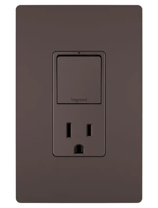 A step up from ordinary, this combination switch and outlet from the radiant Collection provides convenience and flexibility, as well as style. Operable in both single-pole and 3-way applications, you can use it alone to control one light or fixture, or use with another 3-Way switch for controlling the light from two locations. Also includes a tamper-resistant outlet for safe access to the basic power every home needs. Part of the radiant Collection, it features clean lines and a smooth finish for a sophisticated look.Made exclusively for use with screwless Wall Plates from the radiant Collection, sold separately. Collection: radiant Finish: Dark Bronze Width: 1.29" Height: 3.81" Length: 1.59" Weight: 0.20 lb Country of Origin: China