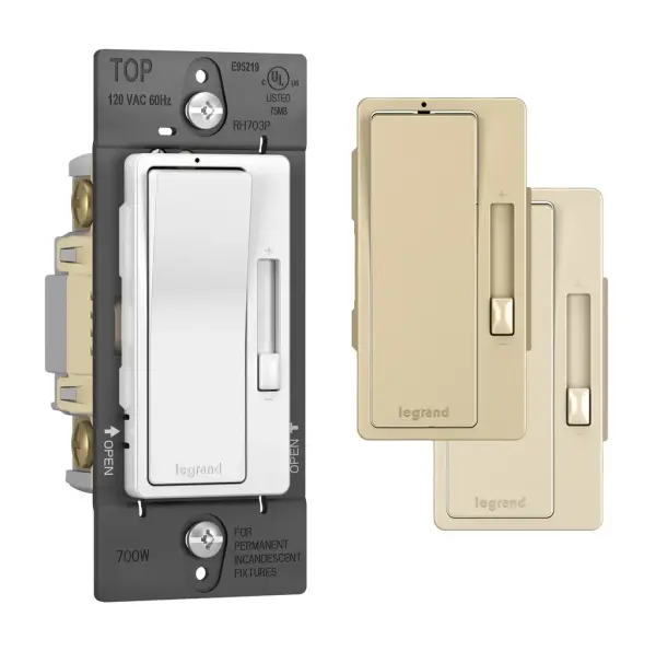 Upgrade your space with precise dimming control and exceptional style. This dimmer from the radiant Collection is optimized for use with incandescent bulbs and fixtures. Made exclusively for use with screwless Wall Plates from the radiant Collection, sold separately. Collection: radiant Finish: Tri Color (WH, IV, LA) Width: 1.75" Height: 4.25" Length: 1.25" Weight: 0.30 lb Country of Origin: China