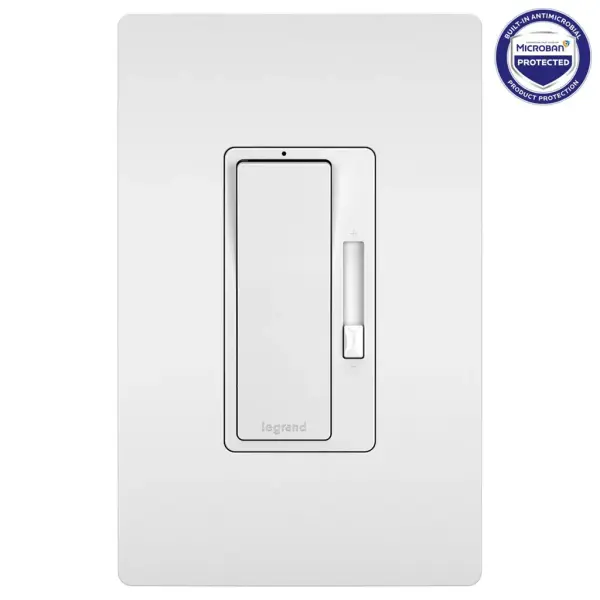 This dimmer features enduring Microban antimicrobial technology that works to reduce the growth of bacteria, around the clock, for the lifespan of the product. Upgrade your space with superior dimming control and exceptional style. The radiant Tru-Universal Dimmer works with virtually any 120V dimmable bulb or fixture (excludes 0-10V), adjusting to the precise light level you want, without the flicker. Unsure what dimmer your bulb needs? Avoid uncertainty with Tru-Universal Dimming. Part of the radiant Collection, it also features clean lines and smooth control for a sophisticated touch. Made exclusively for use with screwless Wall Plates from the radiant Collection, sold separately.This product is not currently available for sale in Canada. Collection: radiant Finish: White Width: 1.75" Height: 4.25" Length: 1.25" Weight: 0.24 lb Country of Origin: China