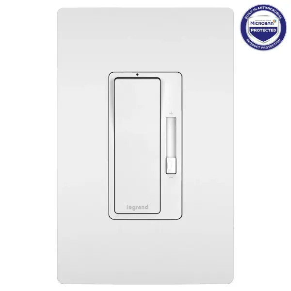 This dimmer features enduring Microban antimicrobial technology that works to reduce the growth of bacteria, around the clock, for the lifespan of the product. Upgrade your space with precise dimming control and exceptional style, with this dimmer designed for use with most LED and compact fluorescent dimmable bulbs (not for use with 0-10V options). Part of the radiant Collection, it also features clean lines and smooth control for a sophisticated touch. Made exclusively for use with screwless Wall Plates from the radiant Collection, sold separately.This product is not currently available for sale in Canada. Collection: radiant Finish: White Width: 1.75" Height: 4.25" Length: 1.25" Weight: 0.24 lb Country of Origin: China