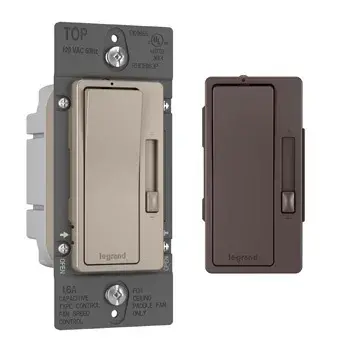 Upgrade your fan control with the sweet sound of silence. Specially designed to virtually eliminate the fan motor ""hum."" This device provides quieter fan speed control while featuring the sleek, clean lines of radiant for a sophisticated touch. This fan control switch handles a max load of 1.6A.Made exclusively for use with screwless Wall Plates from the radiant Collection, sold separately. Collection: radiant Finish: Bi-Color Width: 1.75" Height: 4.25" Length: 1.25" Weight: 0.33 lb Country of Origin: China