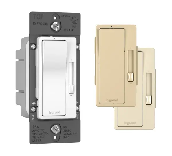 Upgrade your fan control with the sweet sound of silence. Specially designed to virtually eliminate the fan motor ""hum."" This device provides quieter fan speed control while featuring the sleek, clean lines of radiant for a sophisticated touch. This fan control switch handles a max load of 1.6A.Made exclusively for use with screwless Wall Plates from the radiant Collection, sold separately. Collection: radiant Finish: Tri Color (WH, IV, LA) Width: 1.75" Height: 4.25" Length: 1.25" Weight: 0.30 lb Country of Origin: China