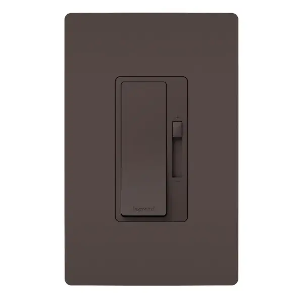 Upgrade your space with Legrand's newest LED dimmer switch in the radiant Collection. Designed specifically for flicker-free control of today's dimmable LED light bulbs and fixtures, this dimmer features advanced circuitry to offer a superior lighting control experience that works right out of the box. The dimmer switch boasts a variety of user adjustments to adapt to a wide range of dimmable LED lights, eliminating unpleasant flickering, pop-ons and more. As a part of the radiant Collection, the advanced dimmer for LED lights also features clean lines and smooth control for a sophisticated touch. Pair with a screwless radiant Wall Plate and other designer switches and outlets from the Collection for a cohesive design throughout the home. Made exclusively for use with screwless Wall Plates from the radiant Collection, sold separately.Not intended for use with 0-10V, Magnetic Low Voltage and Electronic Low Voltage Drivers. Collection: radiant Finish: Brown Width: 1.74" Height: 4.19" Length: 1.46" Weight: 0.24 lb Country of Origin: China