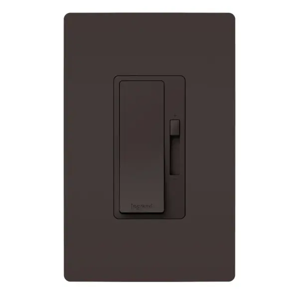 Upgrade your space with Legrand's newest LED dimmer switch in the radiant Collection. Designed specifically for flicker-free control of today's dimmable LED light bulbs and fixtures, this dimmer features advanced circuitry to offer a superior lighting control experience that works right out of the box. The dimmer switch boasts a variety of user adjustments to adapt to a wide range of dimmable LED lights, eliminating unpleasant flickering, pop-ons and more. As a part of the radiant Collection, the advanced dimmer for LED lights also features clean lines and smooth control for a sophisticated touch. Pair with a screwless radiant Wall Plate and other designer switches and outlets from the Collection for a cohesive design throughout the home. Made exclusively for use with screwless Wall Plates from the radiant Collection, sold separately.Not intended for use with 0-10V, Magnetic Low Voltage and Electronic Low Voltage Drivers. Collection: radiant Finish: Dark Bronze Width: 1.74" Height: 4.19" Length: 1.46" Weight: 0.24 lb Country of Origin: China