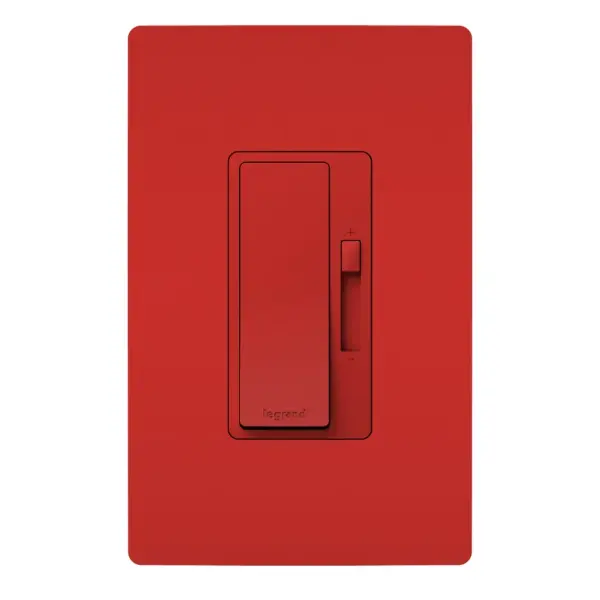 Upgrade your space with Legrand's newest LED dimmer switch in the radiant Collection. Designed specifically for flicker-free control of today's dimmable LED light bulbs and fixtures, this dimmer features advanced circuitry to offer a superior lighting control experience that works right out of the box. The dimmer switch boasts a variety of user adjustments to adapt to a wide range of dimmable LED lights, eliminating unpleasant flickering, pop-ons and more. As a part of the radiant Collection, the advanced dimmer for LED lights also features clean lines and smooth control for a sophisticated touch. Pair with a screwless radiant Wall Plate and other designer switches and outlets from the Collection for a cohesive design throughout the home. Made exclusively for use with screwless Wall Plates from the radiant Collection, sold separately.Not intended for use with 0-10V, Magnetic Low Voltage and Electronic Low Voltage Drivers. Collection: radiant Finish: Red Width: 1.74" Height: 4.19" Length: 1.46" Weight: 0.24 lb Country of Origin: China