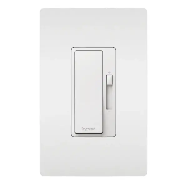 Upgrade your space with Legrand's newest LED dimmer switch in the radiant Collection. Designed specifically for flicker-free control of today's dimmable LED light bulbs and fixtures (except 0-10V LED drivers), this dimmer features advanced circuitry to offer a superior lighting control experience that works right out of the box. The dimmer switch boasts a variety of user adjustments to adapt to a wide range of dimmable LED lights, eliminating unpleasant flickering, pop-ons and more. As a part of the radiant Collection, the advanced dimmer for LED lights also features clean lines and smooth control for a sophisticated touch. Pair with a screwless radiant Wall Plate and other designer switches and outlets from the Collection for a cohesive design throughout the home.Made exclusively for use with screwless Wall Plates from the radiant Collection, sold separately. Collection: radiant Finish: White Width: 1.74" Height: 4.19" Length: 1.46" Weight: 0.30 lb Country of Origin: China