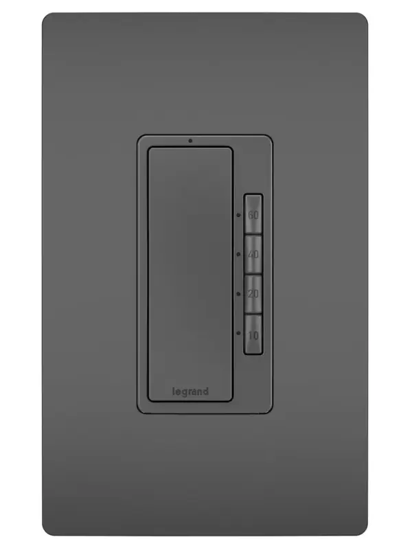 Installs easily in place of a standard light or fan switch, or older spring-wound timer and includes manual on/off through the paddle switch for added convenience. A locator light illuminates when switch is off, emitting a soft glow to help you find it in the dark.Made exclusively for use with screwless Wall Plates from the radiant Collection, sold separately. Collection: radiant Finish: Black Width: 1.69" Height: 3.28" Length: 1.88" Weight: 0.30 lb Country of Origin: China