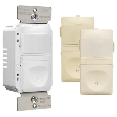 Designed to replace a standard light or fan single-pole switch, this occupancy/vacancy sensor is ideal for storage and utility rooms. Includes interchangeable face colors in ivory, light almond and white. Collection: radiant Finish: Tri-Color Weight: 0.34 lb Country of Origin: China