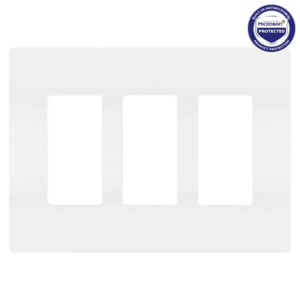 This Wall Plate features enduring Microban antimicrobial technology that works to reduce the growth of bacteria, around the clock, for the lifespan of the product.Designed to complement any space, the radiant Collection features sleek, screwless wall plates for cleaner lines and a sophisticated touch. Pair this three-gang option with your preferred radiant switch, dimmer, and/or outlet for a completed look that's a step above ordinary.This product is not currently available for sale in Canada. Collection: radiant Finish: White Width: 6.77" Height: 4.94" Length: 0.07" Weight: 0.13 lb Country of Origin: United States
