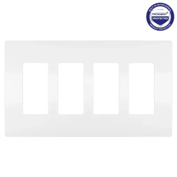 This Wall Plate features enduring Microban antimicrobial technology that works to reduce the growth of bacteria, around the clock, for the lifespan of the product.Designed to complement any space, the radiant Collection features sleek, screwless wall plates for cleaner lines and a sophisticated touch. Pair this four-gang option with your preferred radiant switch, dimmer, and/or outlet for a completed look that's a step above ordinary.This product is not currently available for sale in Canada. Collection: radiant Finish: White Width: 8.59" Height: 4.94" Length: 0.07" Weight: 0.16 lb Country of Origin: United States