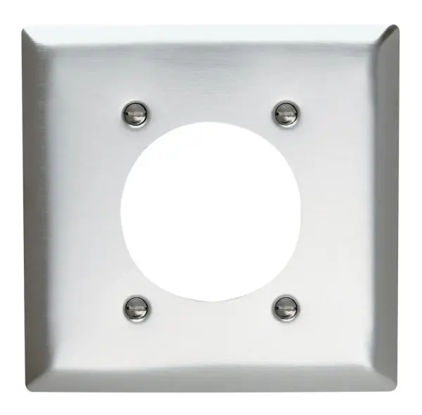2-Gang Power Outlet Receptacle Opening, 2.1563 ft hole for 2.125-inch diameter device - 4 mtg. holes, Smooth 302/304 Metal. Collection: radiant Width: 4.56" Height: 4.50" Length: 0.20" Weight: 0.19 lb Country of Origin: United States
