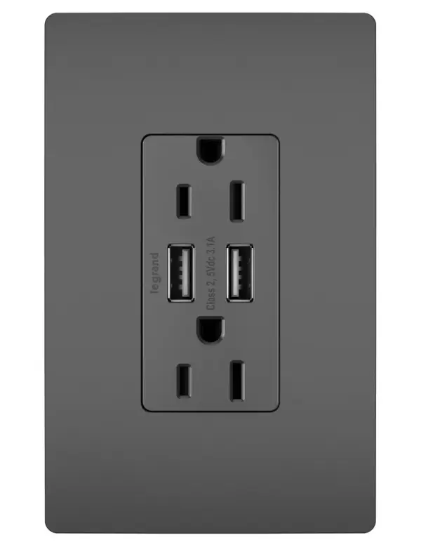 Get a full battery for your phones, tablets and more with the convenience of built-in charging. This tamper-resistant USB outlet includes two USB Type-A connections and replaces traditional outlets in as little as ten minutes, providing easy-to-access charging without needing bulky adapters or sacrificing your plugs. Also features the sleek, clean lines of radiant for a sophisticated look. Made exclusively for use with screwless Wall Plates from the radiant Collection, sold separately. Collection: radiant Finish: Black Width: 1.69" Height: 4.18" Length: 1.35" Weight: 0.30 lb Country of Origin: Vietnam