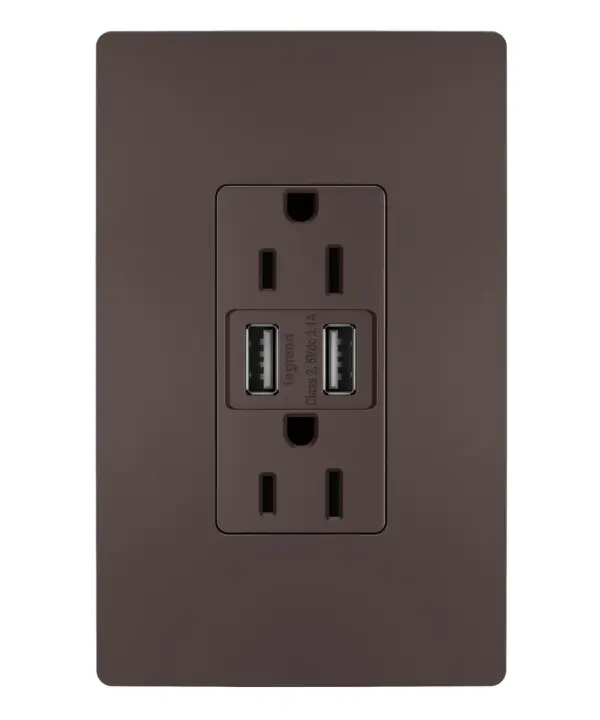 Get a full battery for your phones, tablets and more with the convenience of built-in charging. This tamper-resistant USB outlet includes two USB Type-A connections and replaces traditional outlets in as little as ten minutes, providing easy-to-access charging without needing bulky adapters or sacrificing your plugs. Also features the sleek, clean lines of radiant for a sophisticated look. Made exclusively for use with screwless Wall Plates from the radiant Collection, sold separately. Collection: radiant Finish: Dark Bronze Width: 1.69" Height: 4.18" Length: 1.35" Weight: 0.24 lb Country of Origin: China