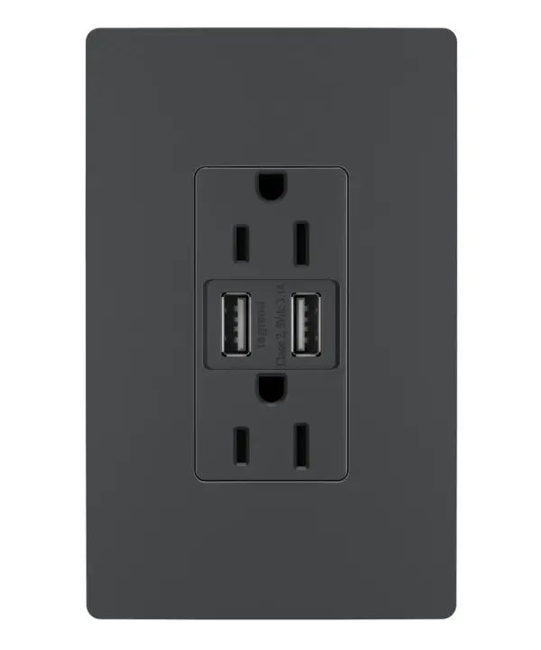 Get a full battery for your phones, tablets and more with the convenience of built-in charging. This tamper-resistant USB outlet includes two USB Type-A connections and replaces traditional outlets in as little as ten minutes, providing easy-to-access charging without needing bulky adapters or sacrificing your plugs. Also features the sleek, clean lines of radiant for a sophisticated look. Made exclusively for use with screwless Wall Plates from the radiant Collection, sold separately. Collection: radiant Finish: Graphite Width: 1.69" Height: 4.18" Length: 1.35" Weight: 0.28 lb Country of Origin: China