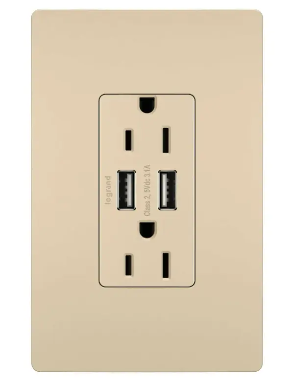 Get a full battery for your phones, tablets and more with the convenience of built-in charging. This tamper-resistant USB outlet includes two USB Type-A connections and replaces traditional outlets in as little as ten minutes, providing easy-to-access charging without needing bulky adapters or sacrificing your plugs. Also features the sleek, clean lines of radiant for a sophisticated look. Made exclusively for use with screwless Wall Plates from the radiant Collection, sold separately. Collection: radiant Finish: Ivory Width: 1.69" Height: 4.18" Length: 1.35" Weight: 0.30 lb Country of Origin: Vietnam
