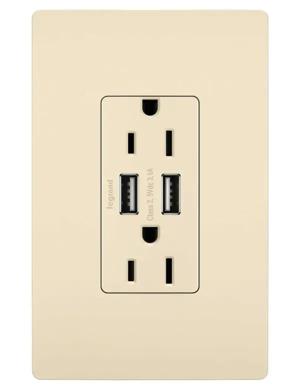 Get a full battery for your phones, tablets and more with the convenience of built-in charging. This tamper-resistant USB outlet includes two USB Type-A connections and replaces traditional outlets in as little as ten minutes, providing easy-to-access charging without needing bulky adapters or sacrificing your plugs. Also features the sleek, clean lines of radiant for a sophisticated look. Made exclusively for use with screwless Wall Plates from the radiant Collection, sold separately. Collection: radiant Finish: Light Almond Width: 1.69" Height: 4.18" Length: 1.35" Weight: 0.30 lb Country of Origin: Vietnam