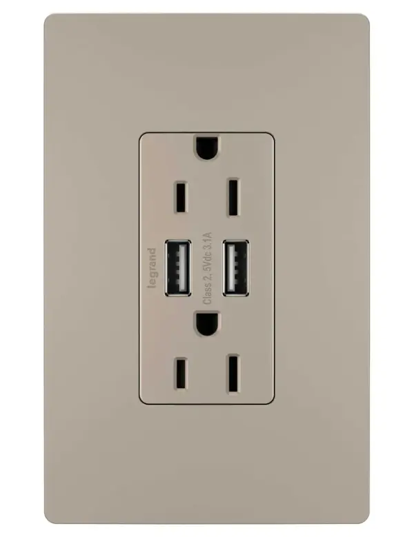 Get a full battery for your phones, tablets and more with the convenience of built-in charging. This tamper-resistant USB outlet includes two USB Type-A connections and replaces traditional outlets in as little as ten minutes, providing easy-to-access charging without needing bulky adapters or sacrificing your plugs. Also features the sleek, clean lines of radiant for a sophisticated look. Made exclusively for use with screwless Wall Plates from the radiant Collection, sold separately. Collection: radiant Finish: Nickel Width: 1.69" Height: 4.18" Length: 1.35" Weight: 0.32 lb Country of Origin: China