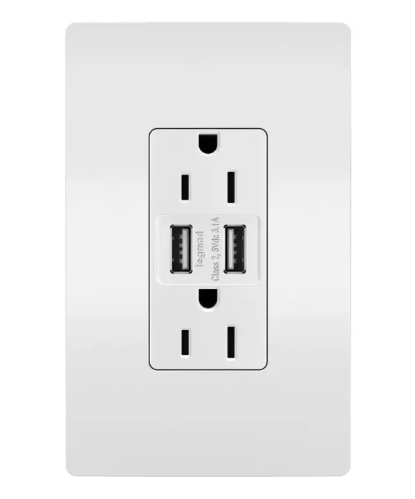 Get a full battery for your phones, tablets and more with the convenience of built-in charging. This tamper-resistant USB outlet includes two USB Type-A connections and replaces traditional outlets in as little as ten minutes, providing easy-to-access charging without needing bulky adapters or sacrificing your plugs. Also features the sleek, clean lines of radiant for a sophisticated look. Made exclusively for use with screwless Wall Plates from the radiant Collection, sold separately. Collection: radiant Finish: White Width: 1.69" Height: 4.18" Length: 1.35" Weight: 0.30 lb Country of Origin: Vietnam