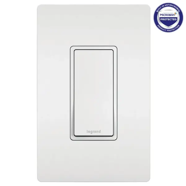 This switch features enduring Microban antimicrobial technology that works to reduce the growth of bacteria, around the clock, for the lifespan of the product.Allowing control of a light or fixture from two separately located switches, the radiant 3-Way Switch with Microban upgrades your space with clean lines and smooth paddle action for a sophisticated touch.Made exclusively for use with screwless Wall Plates from the radiant Collection, sold separately.This product is not currently available for sale in Canada. Collection: radiant Finish: White Width: 1.43" Height: 4.19" Length: 1.27" Weight: 0.17 lb Country of Origin: China