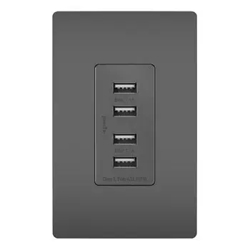 Charge more devices simultaneously with the Quad USB Charger. Perfect for creating a charging station to meet your family's needs, it combines the sleek, clean lines of the radiant Collection with the incredible convenience of four USB connections. Go ahead and charge your smartphone, tablet, Bluetooth speaker, and camera all at once €" no bulky adapters needed. Made exclusively for use with screwless Wall Plates from the radiant Collection, sold separately. Collection: radiant Finish: Black Width: 1.69" Height: 3.28" Length: 1.31" Weight: 0.33 lb Country of Origin: China