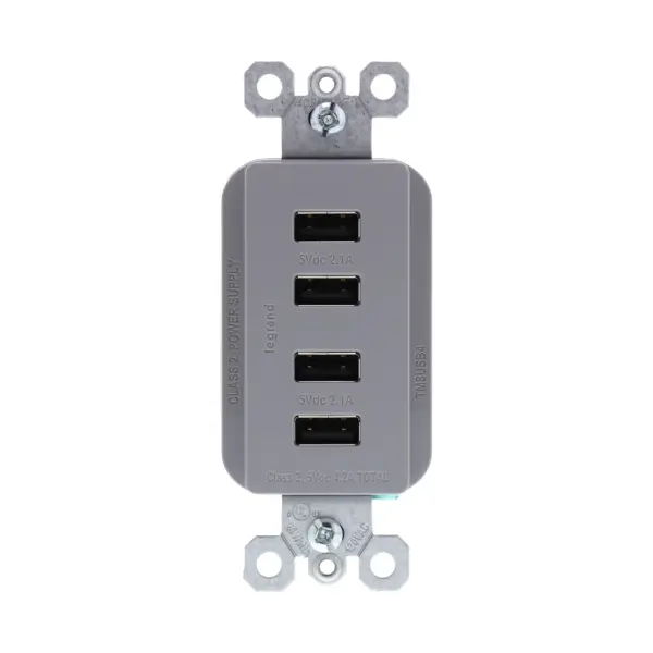 Charge more devices simultaneously with the Quad USB Charger. Perfect for creating a charging station to meet your family's needs, it combines the sleek, clean lines of the radiant Collection with the incredible convenience of four USB connections. Go ahead and charge your smartphone, tablet, Bluetooth speaker, and camera all at once €" no bulky adapters needed. Made exclusively for use with screwless Wall Plates from the radiant Collection, sold separately. Collection: radiant Finish: Gray Width: 1.69" Height: 2.68" Length: 1.33" Weight: 0.33 lb Country of Origin: China