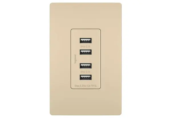 Charge more devices simultaneously with the Quad USB Charger. Perfect for creating a charging station to meet your family's needs, it combines the sleek, clean lines of the radiant Collection with the incredible convenience of four USB connections. Go ahead and charge your smartphone, tablet, Bluetooth speaker, and camera all at once €" no bulky adapters needed. Made exclusively for use with screwless Wall Plates from the radiant Collection, sold separately. Collection: radiant Finish: Ivory Width: 1.69" Height: 3.28" Length: 1.31" Weight: 0.33 lb Country of Origin: China