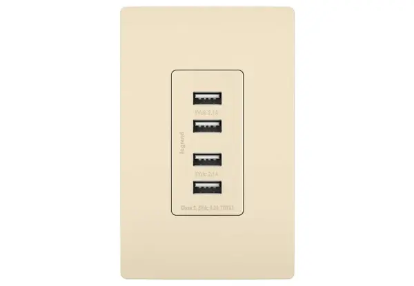 Charge more devices simultaneously with the Quad USB Charger. Perfect for creating a charging station to meet your family's needs, it combines the sleek, clean lines of the radiant Collection with the incredible convenience of four USB connections. Go ahead and charge your smartphone, tablet, Bluetooth speaker, and camera all at once €" no bulky adapters needed. Made exclusively for use with screwless Wall Plates from the radiant Collection, sold separately. Collection: radiant Finish: Light Almond Width: 1.69" Height: 3.28" Length: 1.31" Weight: 0.33 lb Country of Origin: China