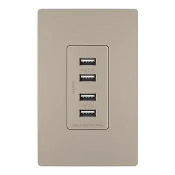 Charge more devices simultaneously with the Quad USB Charger. Perfect for creating a charging station to meet your family's needs, it combines the sleek, clean lines of the radiant Collection with the incredible convenience of four USB connections. Go ahead and charge your smartphone, tablet, Bluetooth speaker, and camera all at once €" no bulky adapters needed. Made exclusively for use with screwless Wall Plates from the radiant Collection, sold separately. Collection: radiant Finish: Nickel Width: 1.69" Height: 3.28" Length: 1.31" Weight: 0.33 lb Country of Origin: China