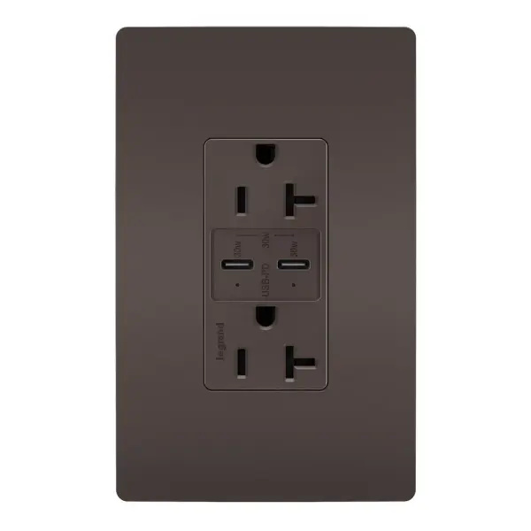 20A Tamper-Resistant Ultra Fast PLUS Power Delivery USB Type CC OutletMade exclusively for use with screwless Wall Plates from the radiant Collection, sold separately. Collection: radiant Finish: Brown Width: 1.69" Height: 2.63" Length: 1.42" Weight: 0.33 lb Country of Origin: China