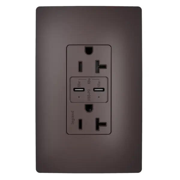 Elevate the power and convenience in your commercial spaces with Legrand's 65W USB Outlet, equipped with dual Type-C ports and Power Delivery for high-capacity charging. Designed for safe, efficient charging of essential devices €" including smartphones, tablets, and small laptops like the 13-inch MacBook Pro and Chromebooks €" this outlet provides an industry-leading power solution tailored for the future of commercial power needs. Collection: radiant Finish: Brown Width: 2.99" Height: 1.94" Length: 1.52" Weight: 0.33 lb