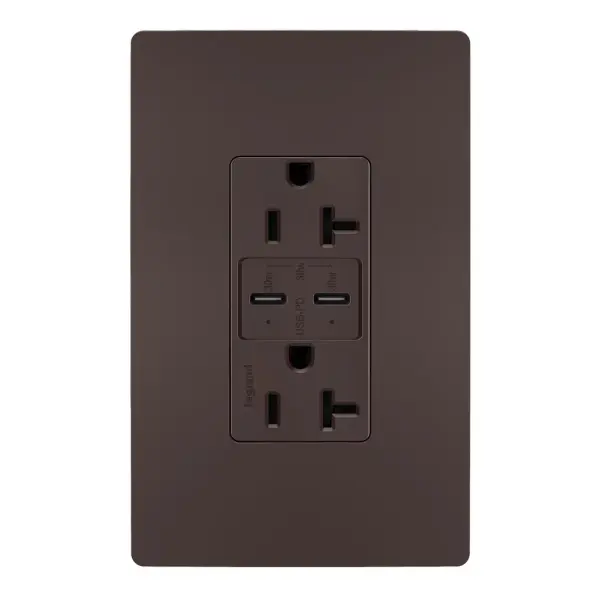 20A Tamper-Resistant Ultra Fast PLUS Power Delivery USB Type CC OutletMade exclusively for use with screwless Wall Plates from the radiant Collection, sold separately. Collection: radiant Finish: Dark Bronze Width: 1.69" Height: 2.63" Length: 1.42" Weight: 0.33 lb Country of Origin: China