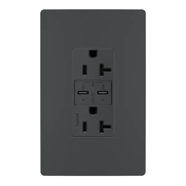 20A Tamper-Resistant Ultra Fast PLUS Power Delivery USB Type CC OutletMade exclusively for use with screwless Wall Plates from the radiant Collection, sold separately. Collection: radiant Finish: Graphite Width: 1.69" Height: 2.63" Length: 1.42" Weight: 0.33 lb Country of Origin: China