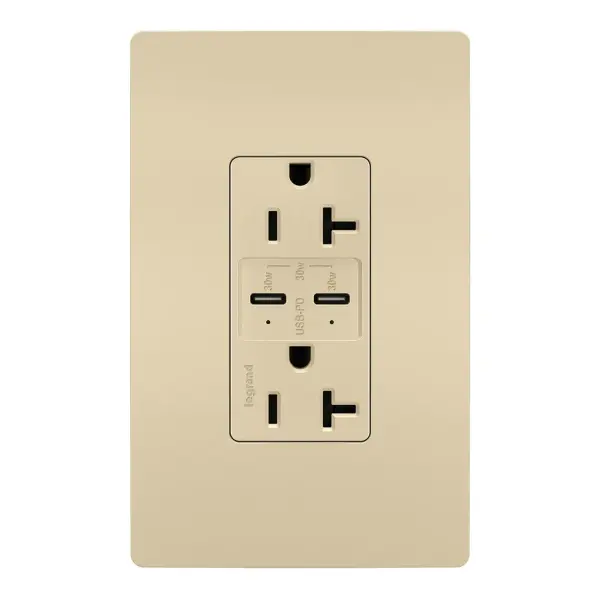 20A Tamper-Resistant Ultra Fast PLUS Power Delivery USB Type CC OutletMade exclusively for use with screwless Wall Plates from the radiant Collection, sold separately. Collection: radiant Finish: Ivory Width: 1.69" Height: 2.63" Length: 1.42" Weight: 0.33 lb Country of Origin: China