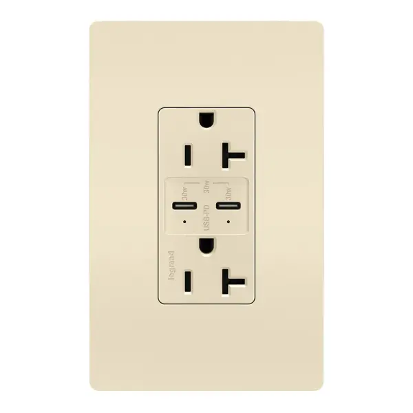20A Tamper-Resistant Ultra Fast PLUS Power Delivery USB Type CC OutletMade exclusively for use with screwless Wall Plates from the radiant Collection, sold separately. Collection: radiant Finish: Light Almond Width: 1.69" Height: 2.63" Length: 1.42" Weight: 0.33 lb Country of Origin: China