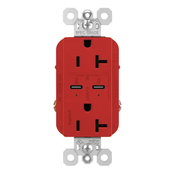 20A Tamper-Resistant Ultra Fast PLUS Power Delivery USB Type CC OutletMade exclusively for use with screwless Wall Plates from the radiant Collection, sold separately. Collection: radiant Finish: Red Width: 1.69" Height: 2.63" Length: 1.42" Weight: 0.33 lb Country of Origin: China