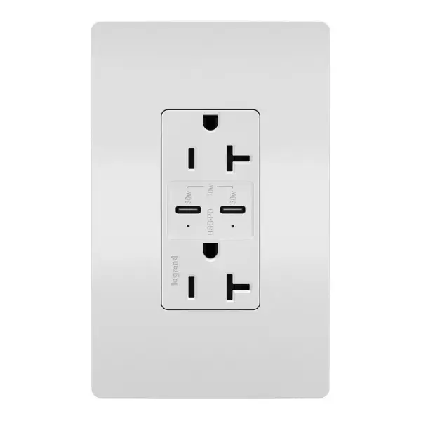 20A Tamper-Resistant Ultra Fast PLUS Power Delivery USB Type CC OutletMade exclusively for use with screwless Wall Plates from the radiant Collection, sold separately. Collection: radiant Finish: White Width: 1.69" Height: 2.63" Length: 1.42" Weight: 0.33 lb Country of Origin: China
