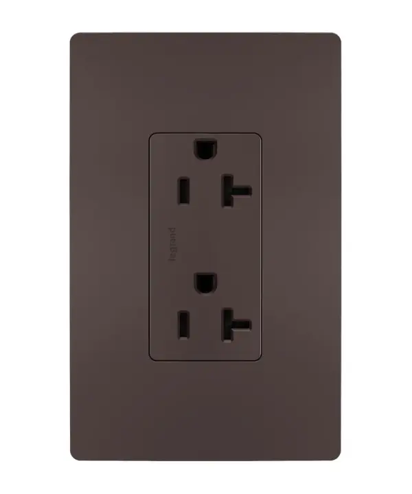 Take a step up from the standard. This tamper-resistant duplex receptacle installs easily for the basic power every space needs, while featuring the sleek, clean lines of radiant for a sophisticated look. 20A outlets are ideal for use with larger appliances and in commercial settings, as well as to meet regional requirements (Chicago, Canada).Made exclusively for use with screwless Wall Plates from the radiant Collection, sold separately. Spec-Grade devices are engineered to meet federal specifications for use in commercial installations. Collection: radiant Finish: Dark Bronze Width: 1.37" Height: 3.28" Length: 0.93" Weight: 0.20 lb Country of Origin: Mexico