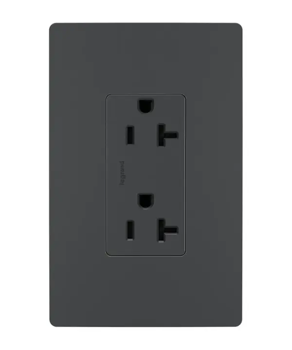 Take a step up from the standard. This tamper-resistant duplex receptacle installs easily for the basic power every space needs, while featuring the sleek, clean lines of radiant for a sophisticated look. 20A outlets are ideal for use with larger appliances and in commercial settings, as well as to meet regional requirements (Chicago, Canada).Made exclusively for use with screwless Wall Plates from the radiant Collection, sold separately. Spec-Grade devices are engineered to meet federal specifications for use in commercial installations. Collection: radiant Finish: Graphite Width: 1.37" Height: 3.28" Length: 0.93" Weight: 0.20 lb Country of Origin: Mexico