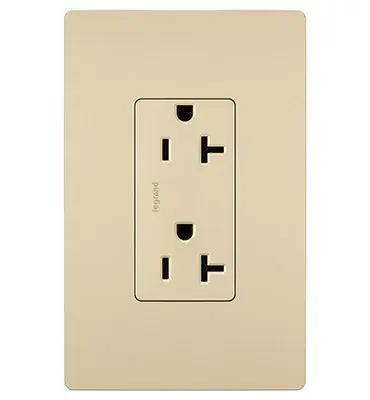 Take a step up from the standard. This tamper-resistant duplex receptacle installs easily for the basic power every space needs, while featuring the sleek, clean lines of radiant for a sophisticated look. 20A outlets are ideal for use with larger appliances and in commercial settings, as well as to meet regional requirements (Chicago, Canada).Made exclusively for use with screwless Wall Plates from the radiant Collection, sold separately. Spec-Grade devices are engineered to meet federal specifications for use in commercial installations. Collection: radiant Finish: Ivory Width: 1.37" Height: 3.28" Length: 0.93" Weight: 0.20 lb Country of Origin: Mexico
