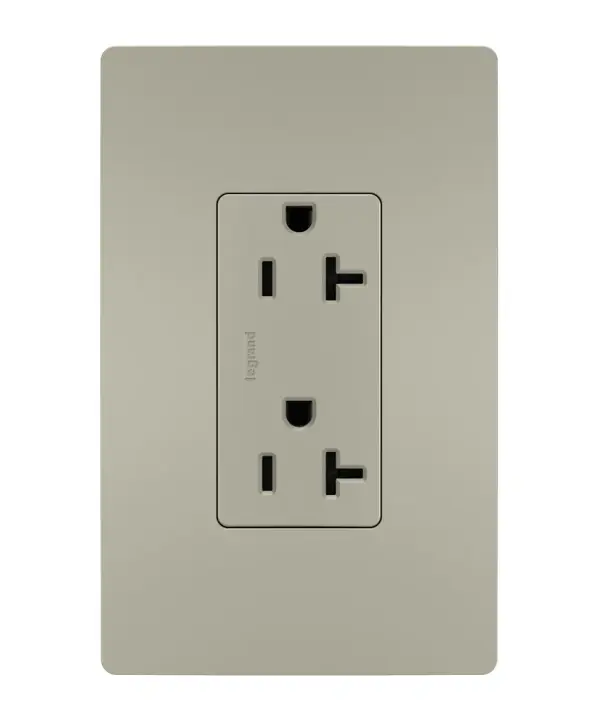 Take a step up from the standard. This tamper-resistant duplex receptacle installs easily for the basic power every space needs, while featuring the sleek, clean lines of radiant for a sophisticated look. 20A outlets are ideal for use with larger appliances and in commercial settings, as well as to meet regional requirements (Chicago, Canada).Made exclusively for use with screwless Wall Plates from the radiant Collection, sold separately. Spec-Grade devices are engineered to meet federal specifications for use in commercial installations. Collection: radiant Finish: Nickel Width: 1.37" Height: 3.28" Length: 0.93" Weight: 0.20 lb Country of Origin: Mexico