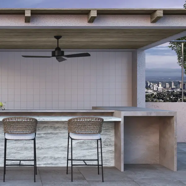 The Solis 56" ceiling fan delivers architectural style and reliable performance for covered outdoor spaces and modern interiors. Its streamlined three-blade design and durable wet-rated construction make it ideal for patios and balconies. - alternate view