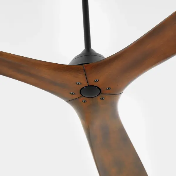 The Mecca 64" Ceiling Fan combines modern minimalist design with powerful DC motor performance. Its unique 3-blade configuration with smooth square tips creates a striking visual statement while the walnut finish adds warmth to contemporary spaces. - alternate view