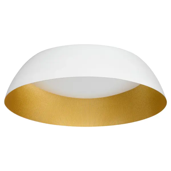 The Lucci ceiling mount brings mid-century simplicity with an unexpected twist—a corrugated industrial brass inner lining that creates dramatic contrast against its clean white exterior. Perfect for modern and casual spaces.