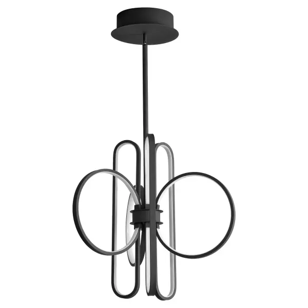 The Lupe pendant combines stadium and circle shapes in a sleek black finish, creating a bold yet balanced statement piece. Its matte white acrylic diffuser provides warm 3000K lighting that softly illuminates interiors.