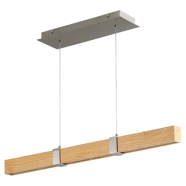 The Decca 36" pendant combines clean rectangular forms with the warmth of white oak and refined satin nickel. Its balanced proportions and complementary finishes create architectural interest while maintaining versatility.